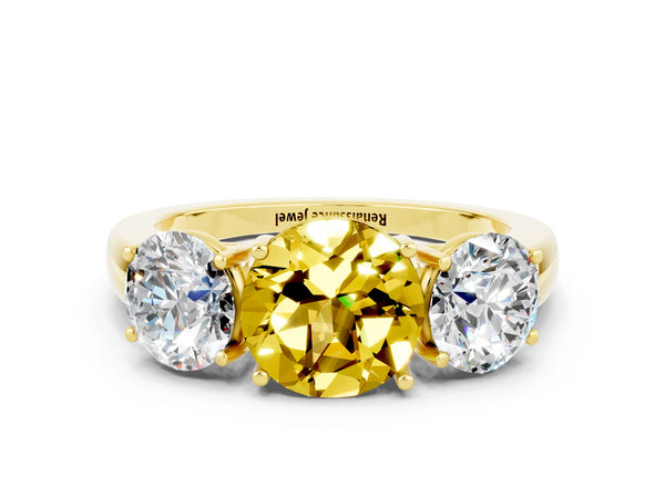 Yellow gold Round Cut Yellow Sapphire Three-Stone Ring with Four-Prong Setting and Classic Band