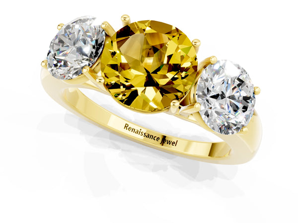 Yellow gold Round Cut Yellow Sapphire Three-Stone Ring with Four-Prong Setting and Classic Band