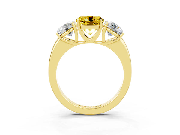Yellow gold Round Cut Yellow Sapphire Three-Stone Ring with Four-Prong Setting and Classic Band
