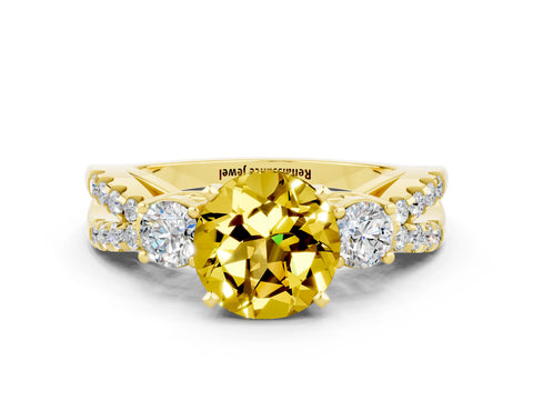 Yellow gold Round Cut Yellow Sapphire Three-Stone Ring with Pavé Split Shank and Four-Prong Setting_24