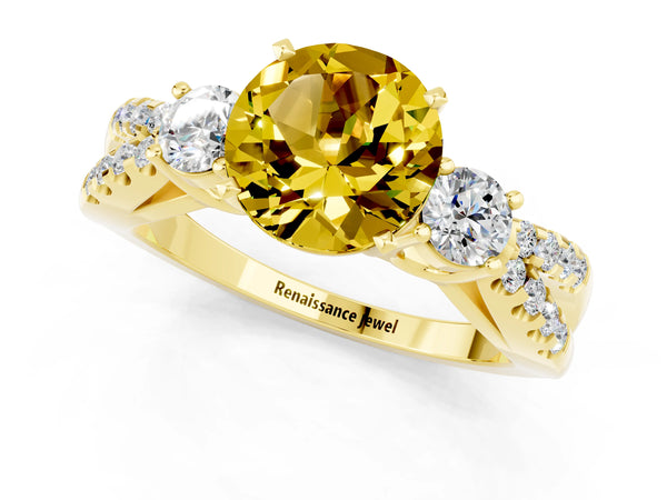 Yellow gold Round Cut Yellow Sapphire Three-Stone Ring with Pavé Split Shank and Four-Prong Setting
