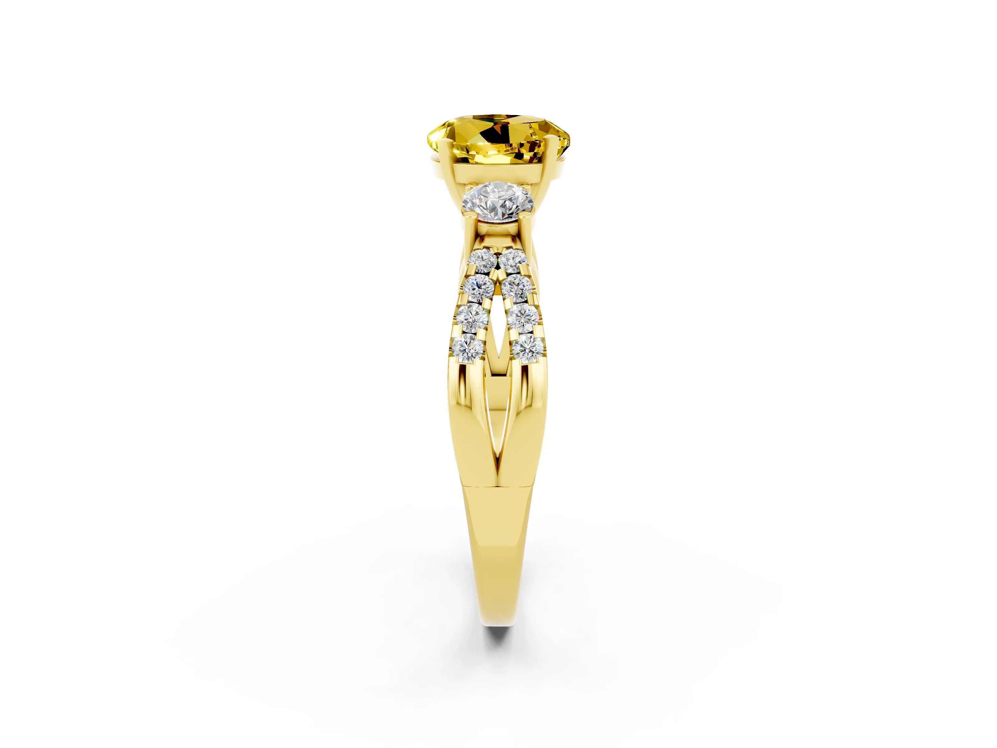 Yellow gold Round Cut Yellow Sapphire Three-Stone Ring with Pavé Split Shank and Four-Prong Setting_26