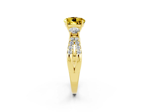 Yellow gold Round Cut Yellow Sapphire Three-Stone Ring with Pavé Split Shank and Four-Prong Setting