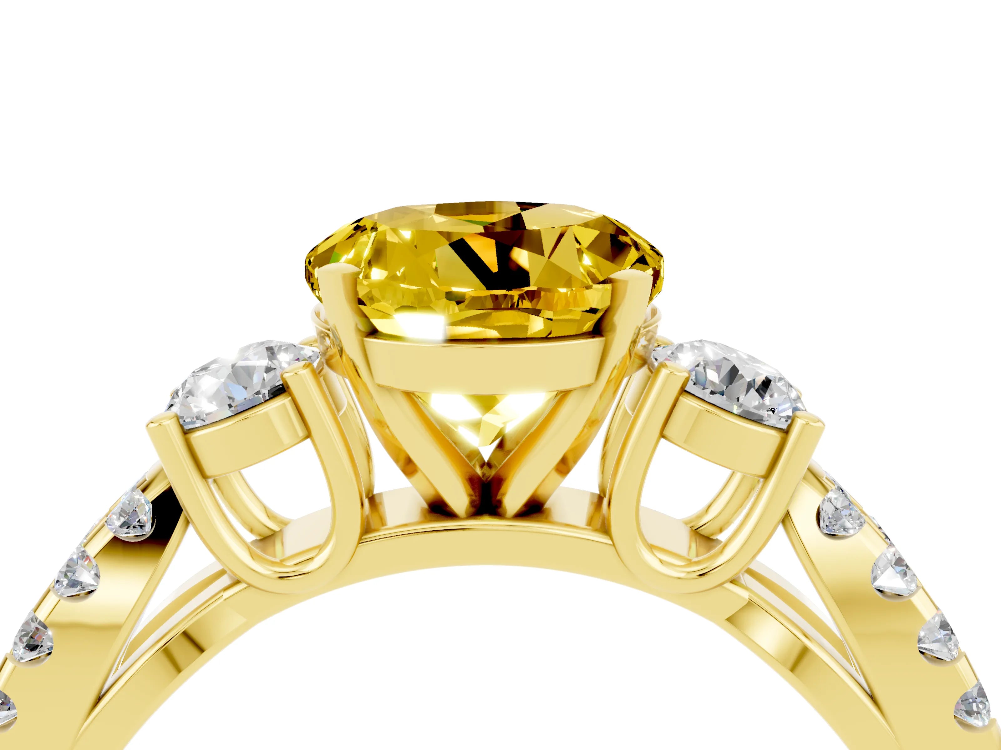 Yellow gold Round Cut Yellow Sapphire Three-Stone Ring with Pavé Split Shank and Four-Prong Setting_28