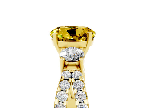 Yellow gold Round Cut Yellow Sapphire Three-Stone Ring with Pavé Split Shank and Four-Prong Setting_29