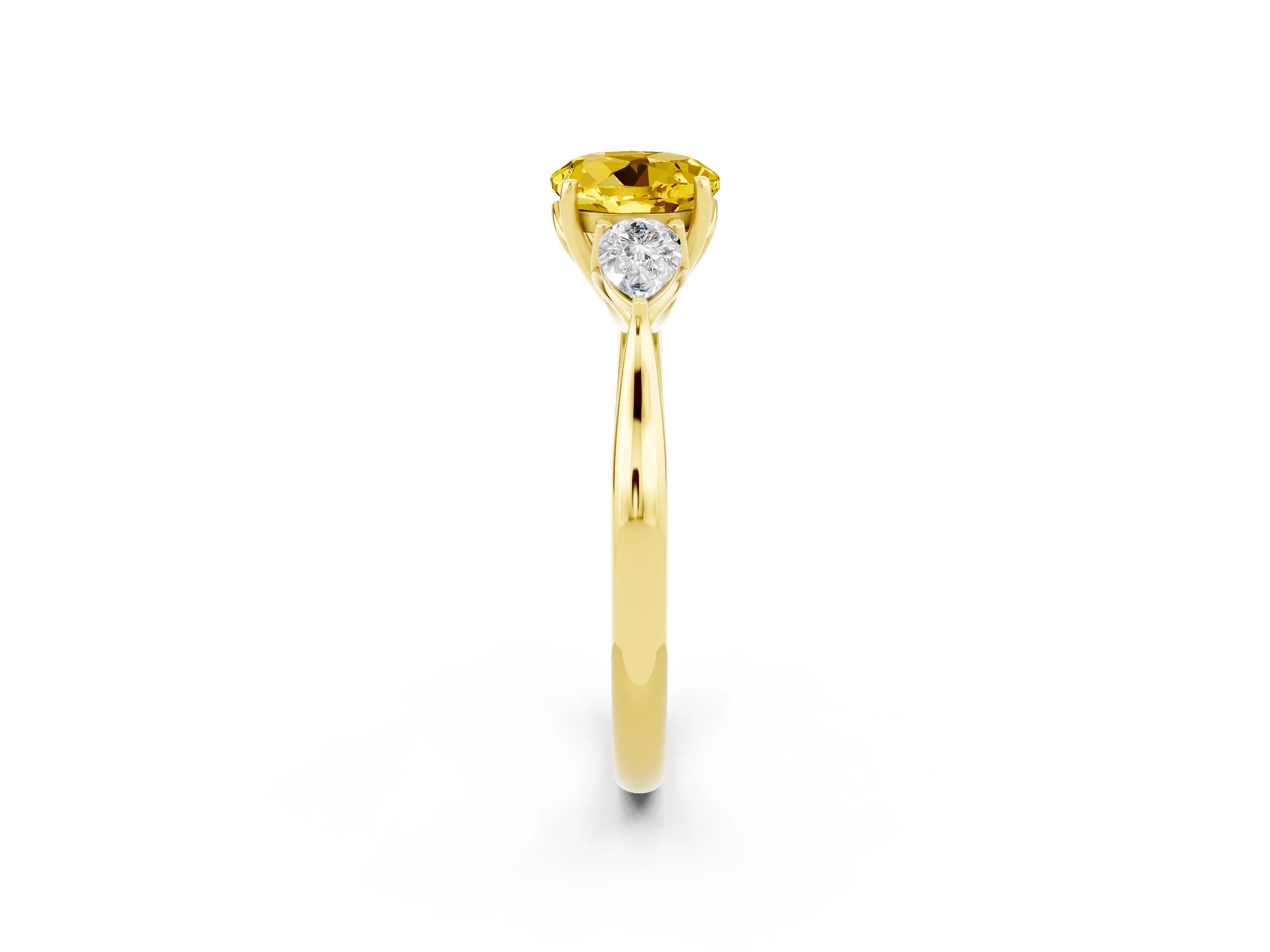 Yellow gold Round Cut Yellow Sapphire Three-Stone Ring with Pear Side Stones and Four-Prong Setting_14