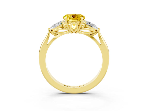 Yellow gold Round Cut Yellow Sapphire Three-Stone Ring with Pear  Side Stones and Prong Setting