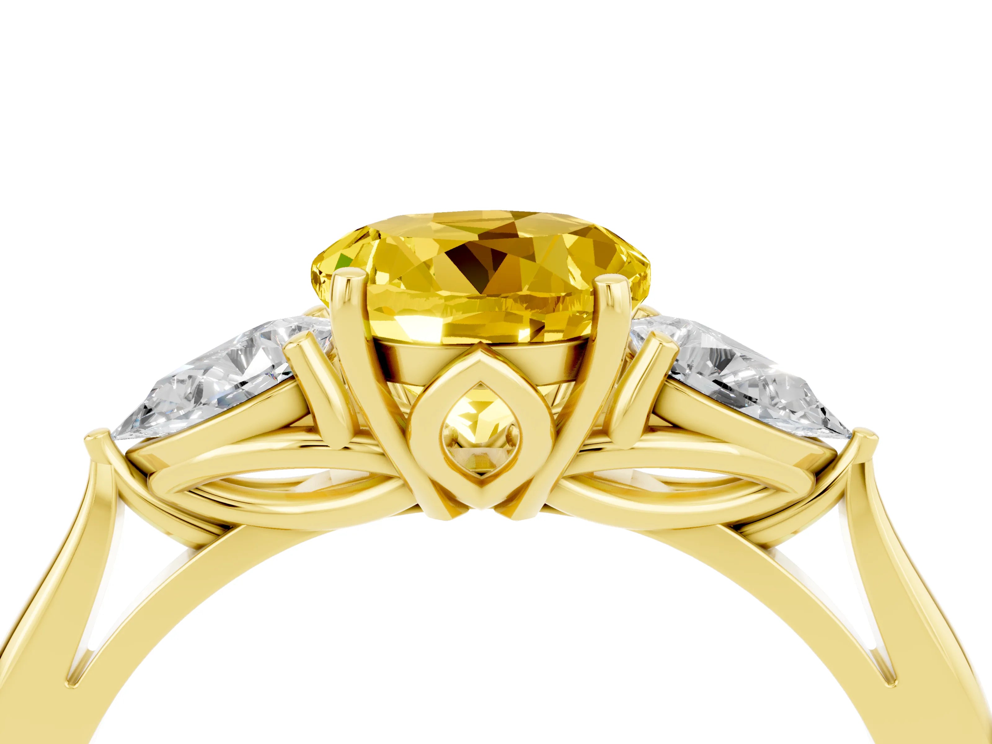 Yellow gold Round Cut Yellow Sapphire Three-Stone Ring with Pear Side Stones and Four-Prong Setting_16