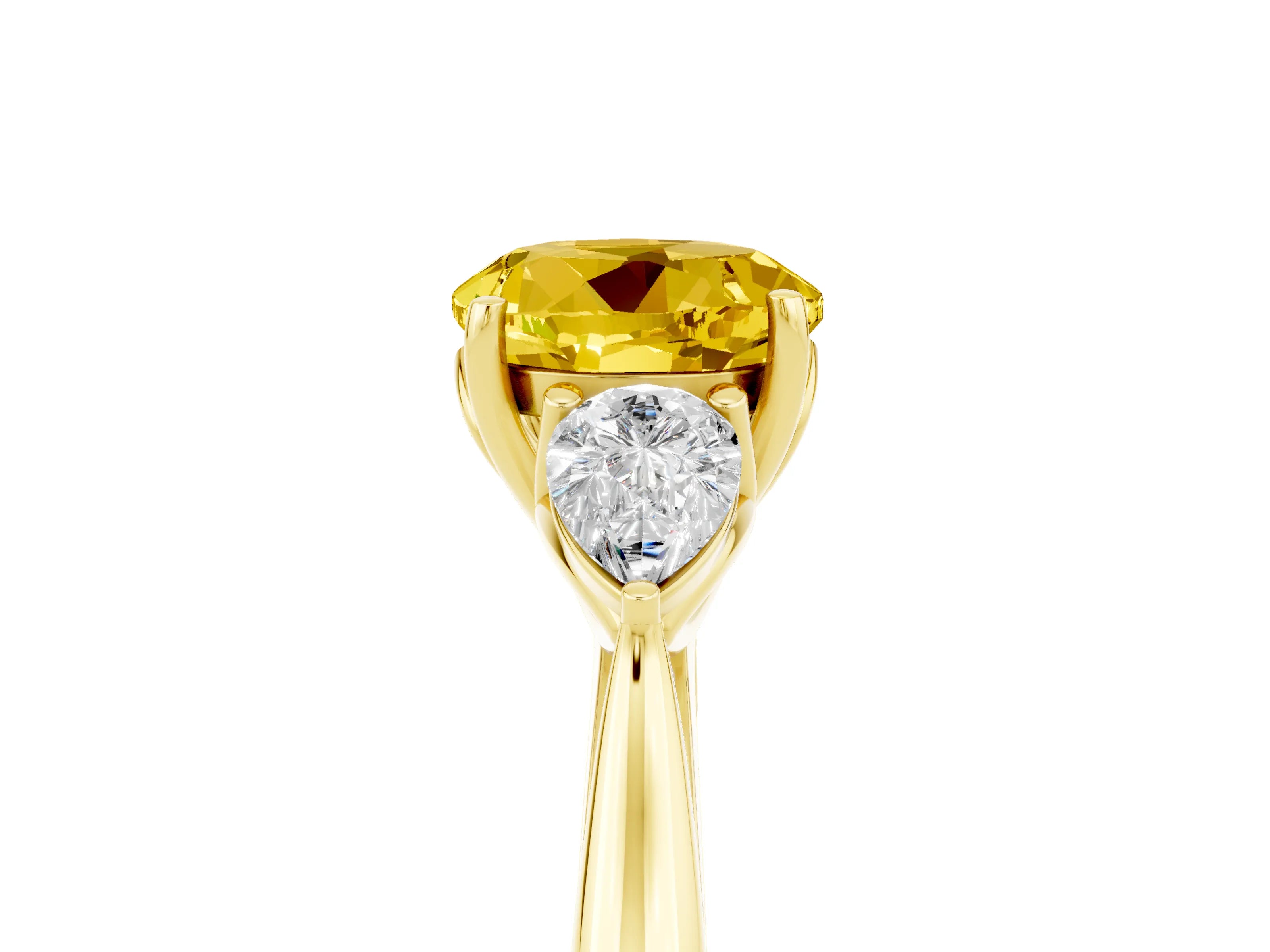Yellow gold Round Cut Yellow Sapphire Three-Stone Ring with Pear Side Stones and Four-Prong Setting_17