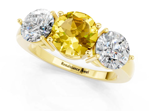 Yellow gold Round Cut Yellow Sapphire Three-Stone Ring with Prong Setting and Classic Band_1