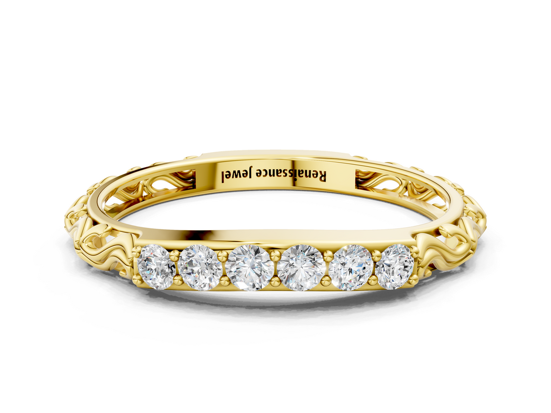 Yellow gold Round Diamond Bar Set Eternity Band with Filigree Design_4