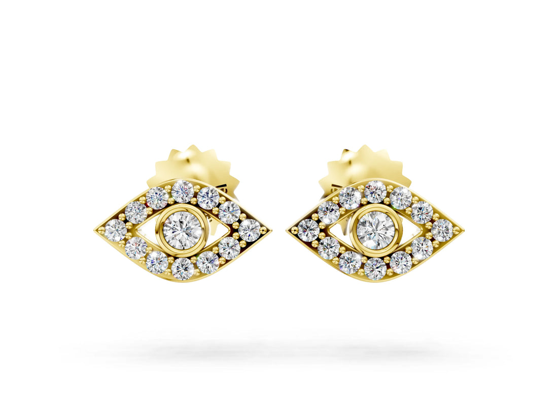Yellow gold Round Diamond Bezel Center Evil Eye Stud Earrings_4
