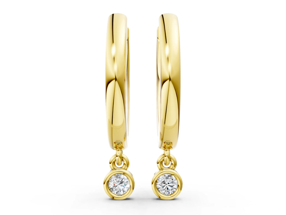 Yellow gold Round Diamond Bezel Drop Huggie Hoop Earrings_8