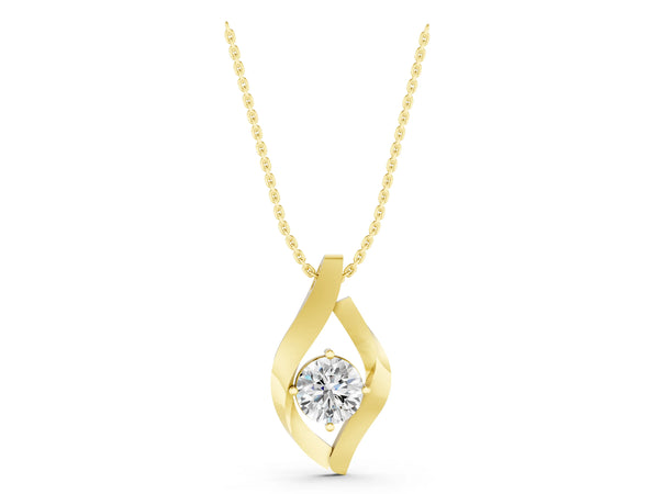 Yellow gold Round Diamond Bezel-Set Leaf Pendant