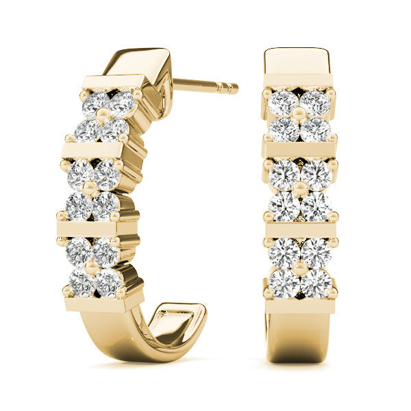 Yellow gold Round Diamond Channel-Set Hoop Earrings with Four-Prong Setting