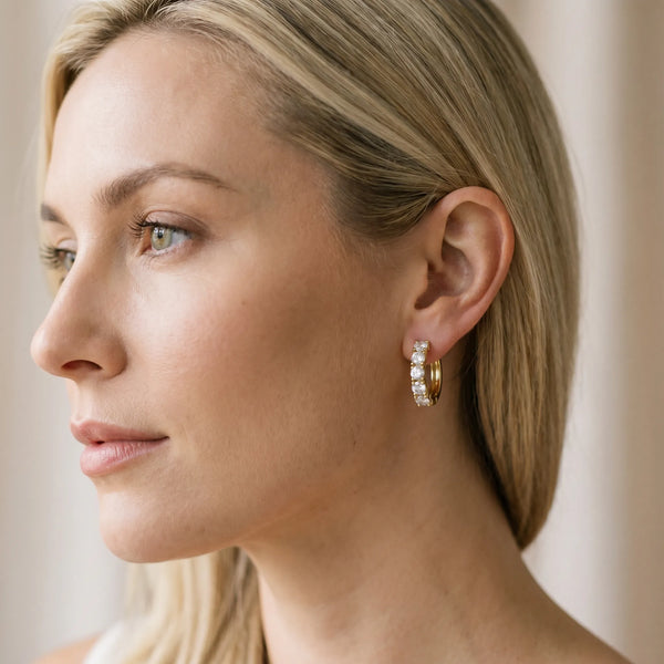 Yellow gold Round Diamond Channel Set Hoop Earrings with Four-Prong Setting