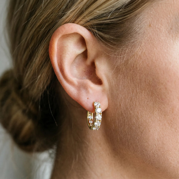 Yellow gold Round Diamond Channel Set Hoop Earrings with Four-Prong Setting