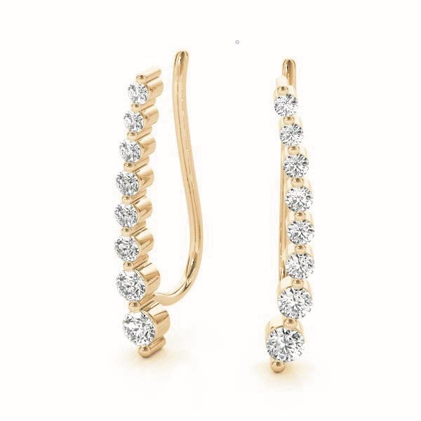 Yellow gold Round Diamond Climber Earrings with Prong Setting on Curved Band 1