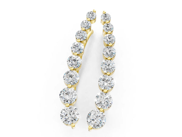 Yellow gold Round Diamond Climber Earrings with Prong Setting on Curved Band