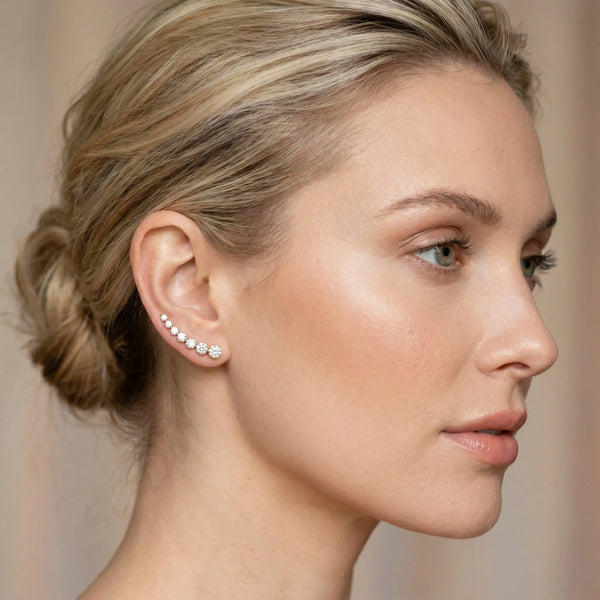 Yellow gold Round Diamond Climber Earrings with Prong Setting on Curved Band