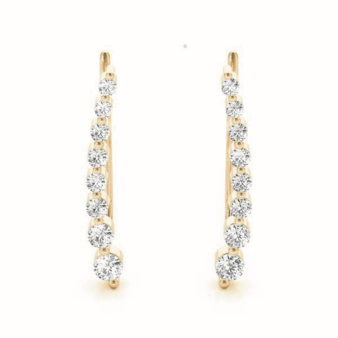 Yellow gold Round Diamond Climber Earrings with Prong Setting on Curved Band