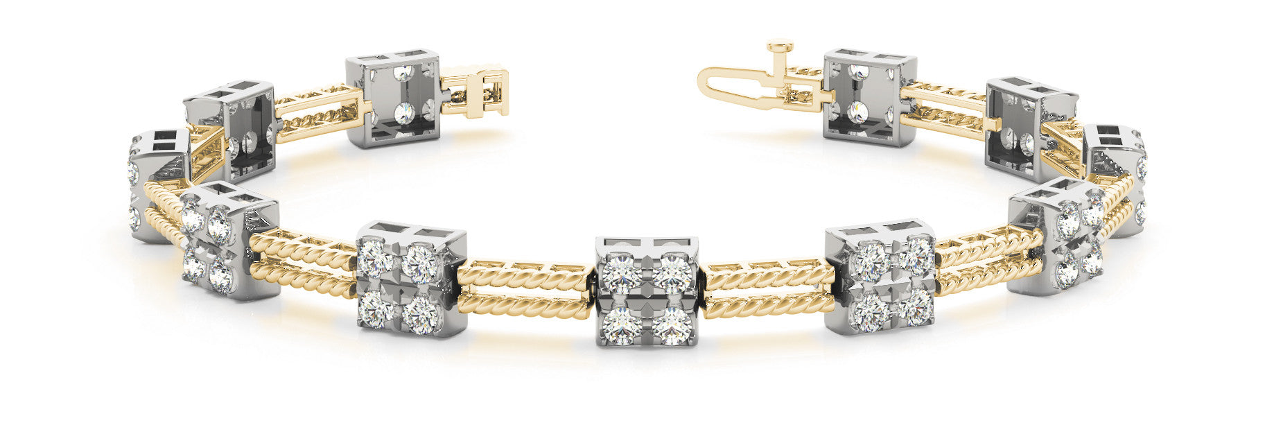 Yellow gold Round Diamond Cluster Box-Link Bracelet with Rope Band and Four-Prong Setting
