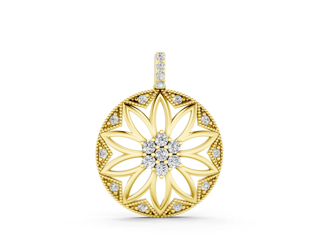Yellow gold Round Diamond Cluster Flower Pendant_4