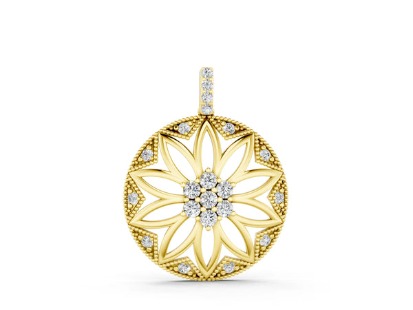 Yellow gold Round Diamond Cluster Flower Pendant