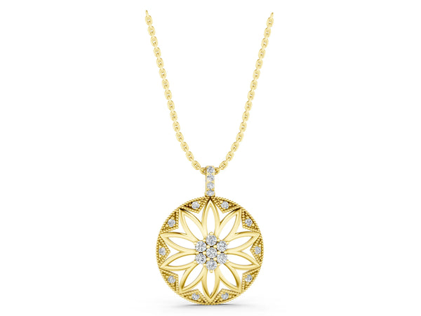 Yellow gold Round Diamond Cluster Flower Pendant