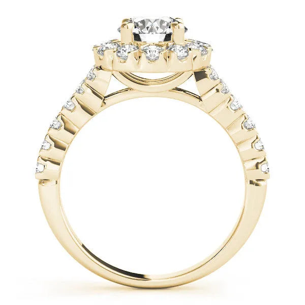 Yellow gold Round Diamond Cluster Halo Ring with Pavé Band