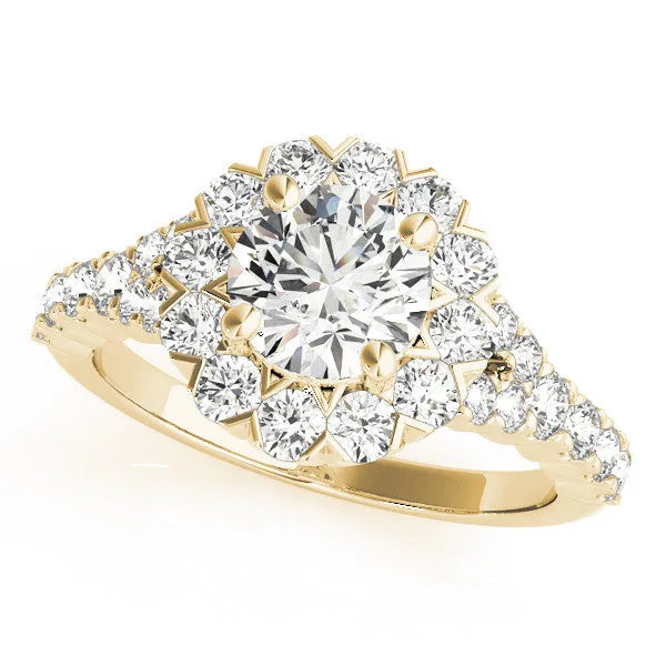 Yellow gold Round Diamond Cluster Halo Ring with Pavé Band