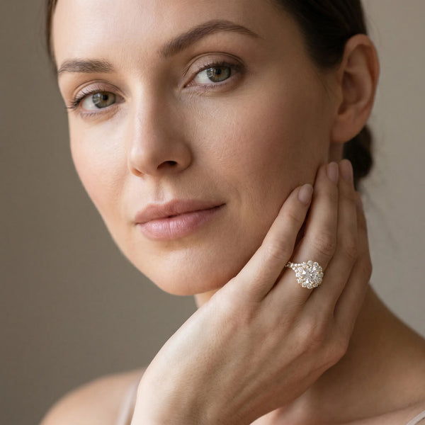 Yellow gold Round Diamond Cluster Halo Ring with Pavé Band