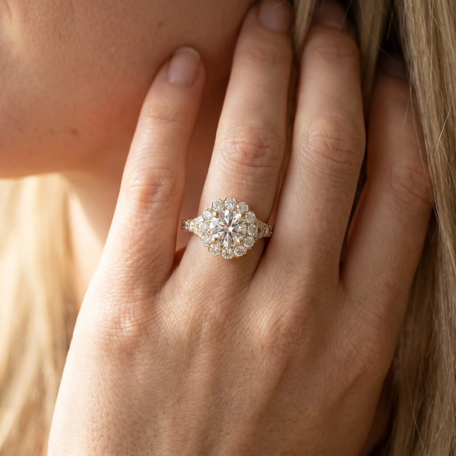 Yellow gold Round Diamond Cluster Halo Ring with Pavé Band