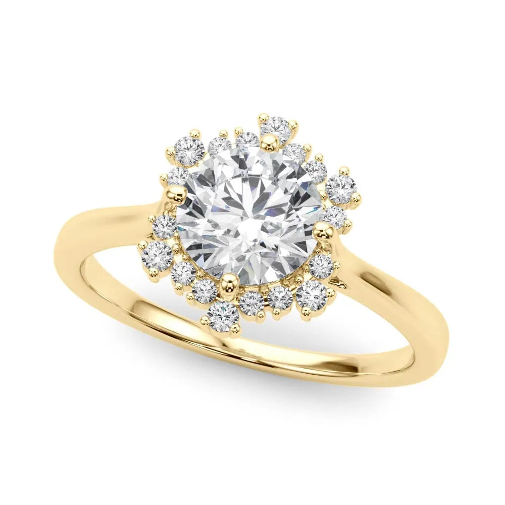 Yellow gold Round Diamond Cluster Halo Ring with Plain Band and Four-Prong Setting