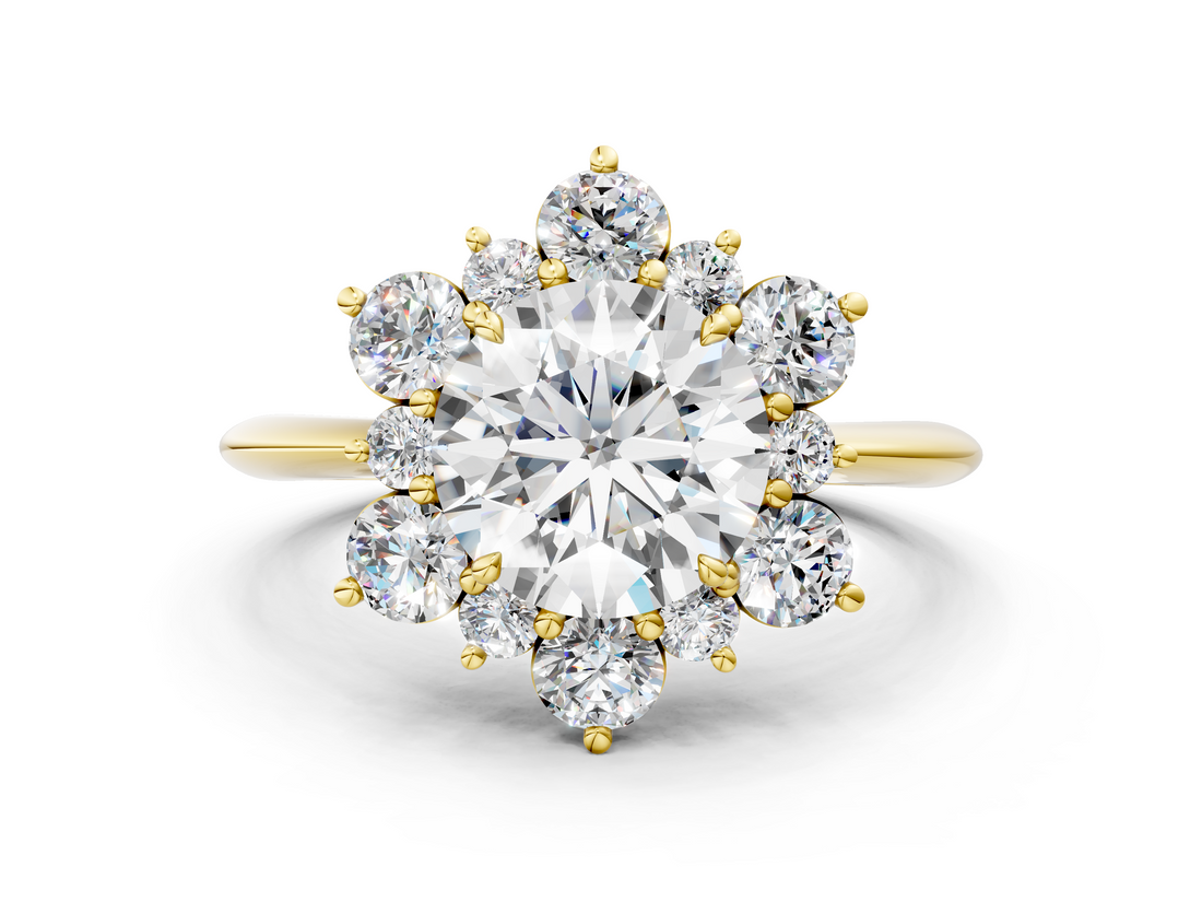 Yellow gold Round Diamond Cluster Halo Ring with Solitaire Band and Four-Prong Setting_23