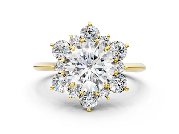 Yellow gold Round Diamond Cluster Halo Ring with Solitaire Band and Four-Prong Setting