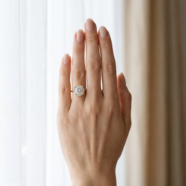 Yellow gold Round Diamond Cluster Halo Solitaire with Four-Prong Setting