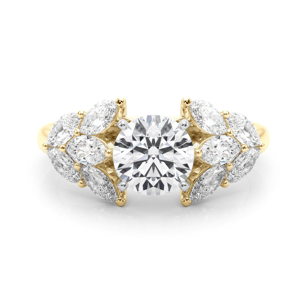 Yellow gold Round Diamond Cluster Leaf Design Ring with Prong Setting 1
