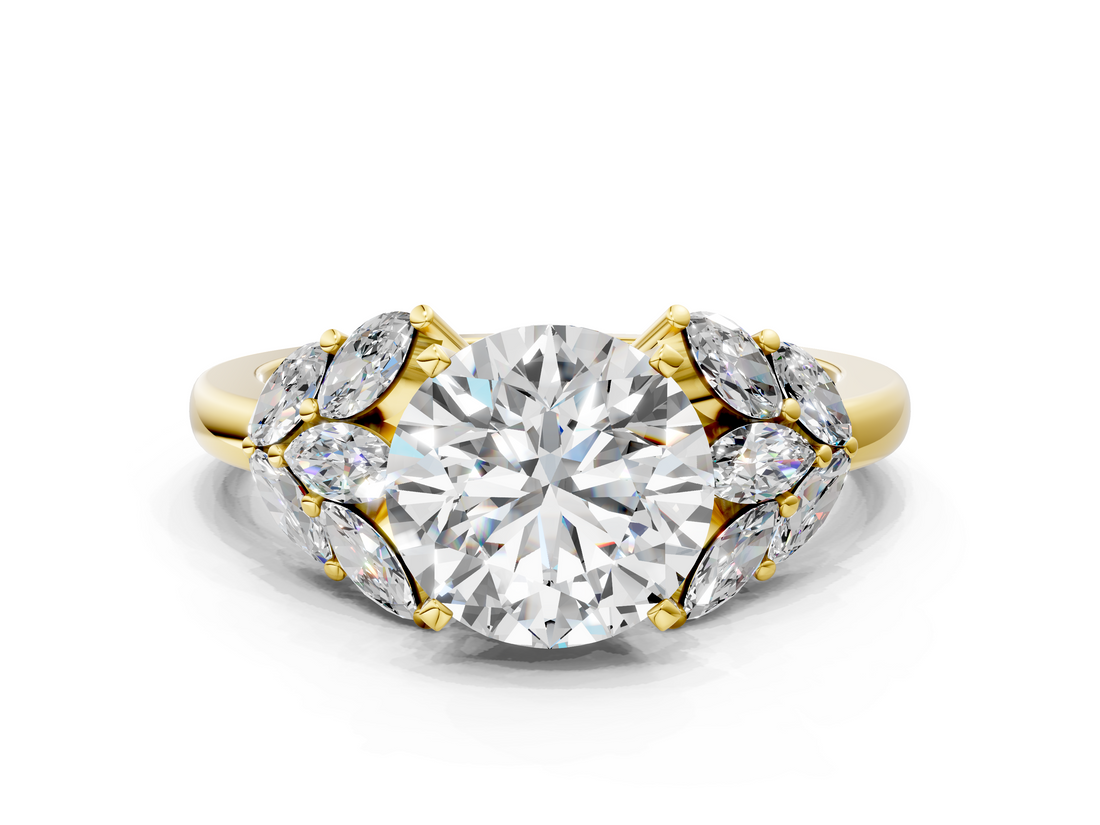 Yellow gold Round Diamond Cluster Leaf Design Ring with Prong Setting_55