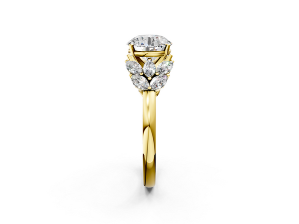 Yellow Gold Round Cluster Leaf Engagement Ring Setting with Marquise Accents