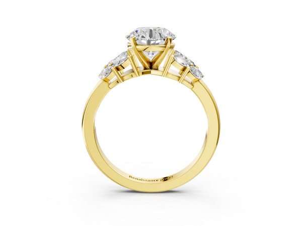 Yellow Gold Round Cluster Leaf Engagement Ring Setting with Marquise Accents