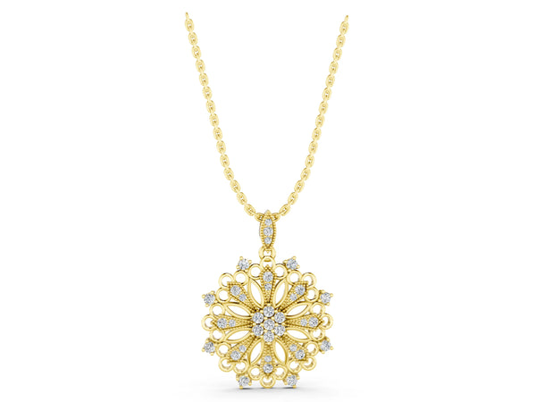 Yellow gold Round Diamond Cluster Milgrain Pendant