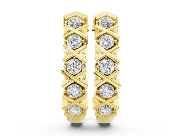 Yellow gold Round Diamond Criss-Cross Prong Hoop Earrings