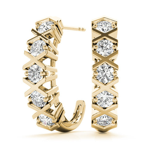 Yellow gold Round Diamond Criss-Cross Prong Hoop Earrings