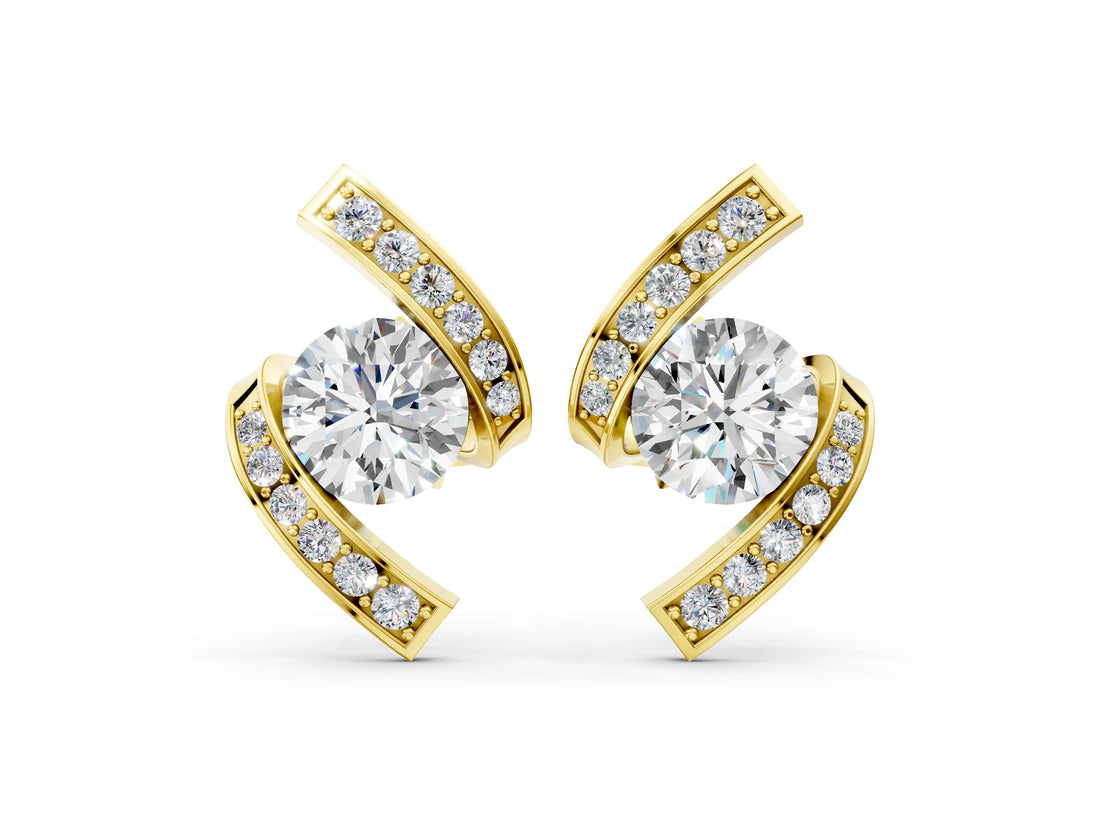 Yellow gold Round Diamond Curve Wave Stud Earrings