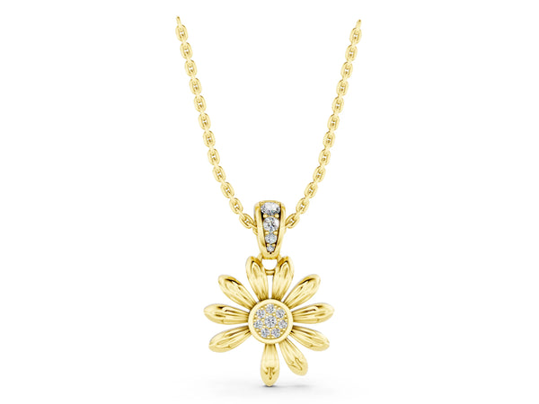 Yellow gold Round Diamond Daisy Flower Pendant with Diamond Accents