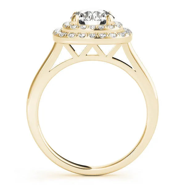 Yellow gold Round Diamond Double Halo Ring with Four-Prong Setting and Pavé Band