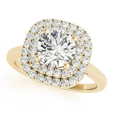 Yellow gold Round Diamond Double Halo Ring with Four-Prong Setting and Pavé Band