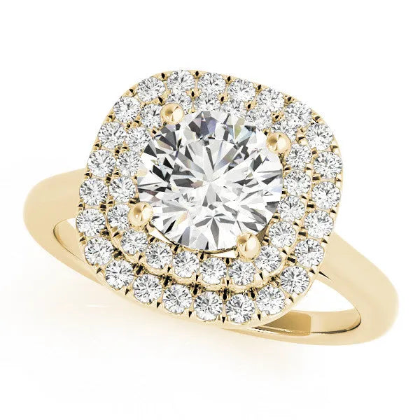Yellow gold Round Diamond Double Halo Ring with Four-Prong Setting and Pavé Band