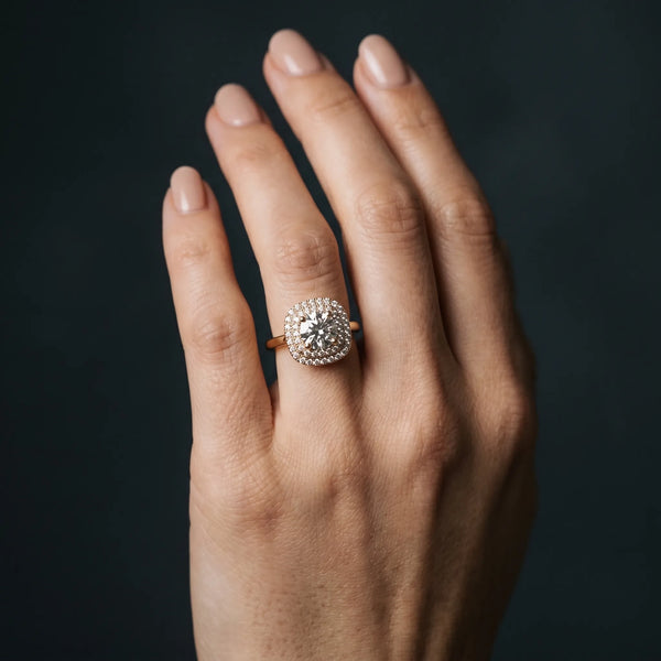 Yellow gold Round Diamond Double Halo Ring with Four-Prong Setting and Pavé Band